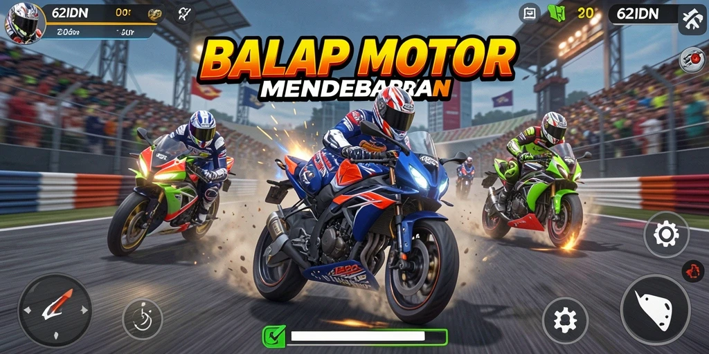Screenshot gameplay 62IDN menampilkan balapan motor yang seru.