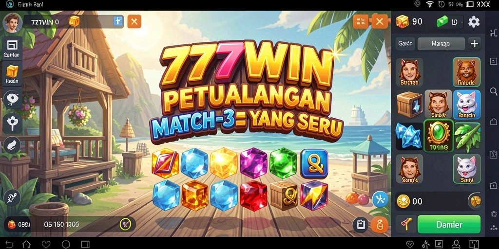 Screenshot 777WIN menampilkan gameplay Match-3 yang menarik dan penuh warna.