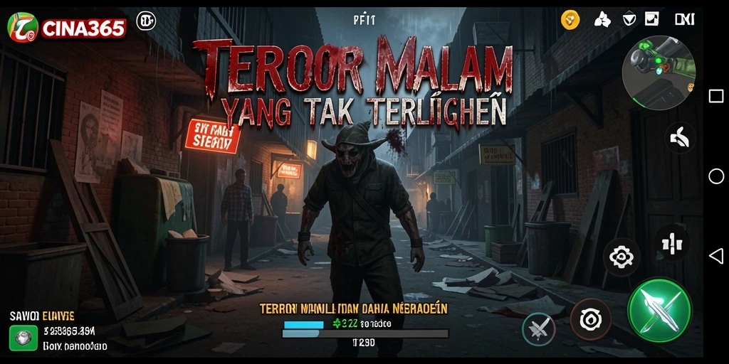 Screenshot gameplay CINA365 menampilkan suasana horor yang mencekam.