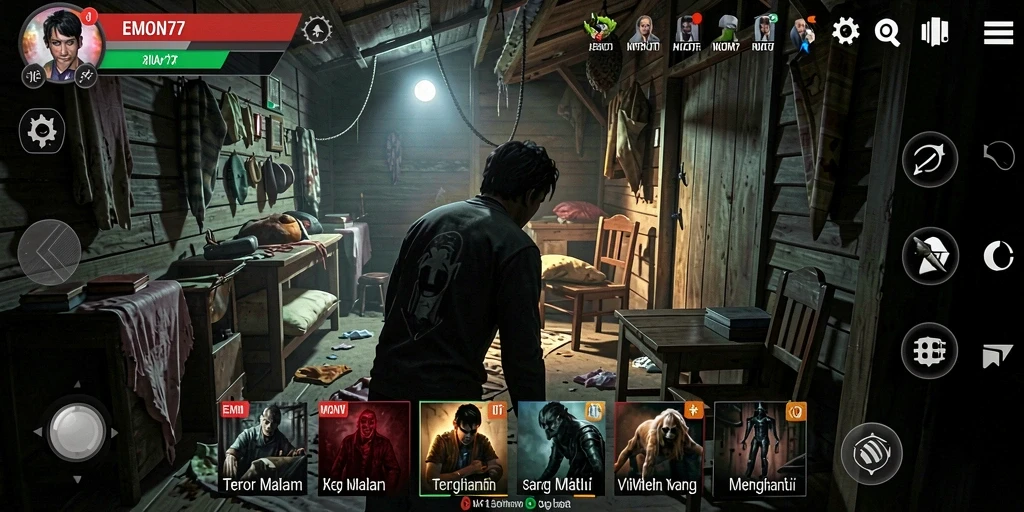 Screenshot gameplay EMON77 menampilkan suasana horor yang mencekam.