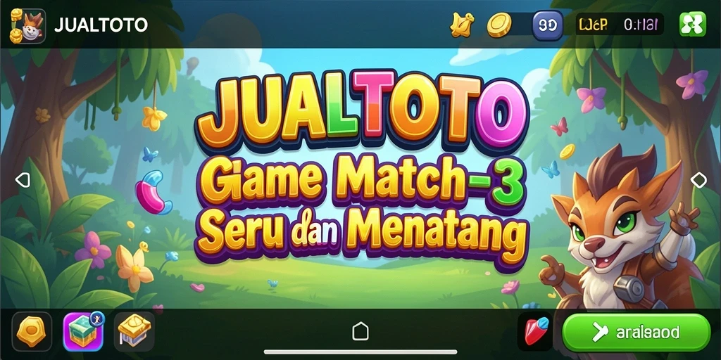 Screenshot JUALTOTO menampilkan gameplay Match-3 yang menarik dan penuh warna.