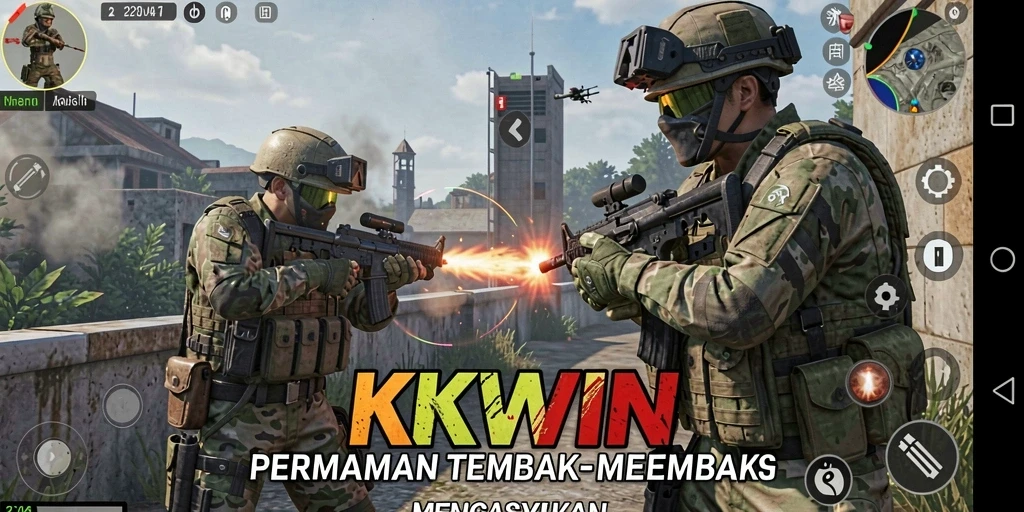 Tangkapan layar gameplay KKWIN menampilkan aksi tembak-menembak yang seru.