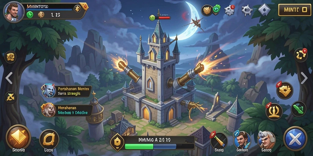 Tangkapan layar game MINTOTO menampilkan pertempuran Tower Defense yang intens.