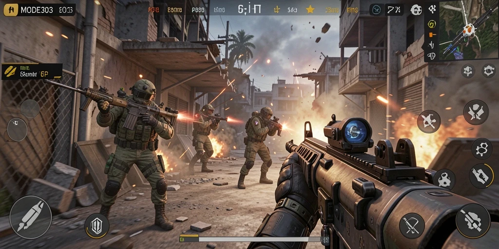 Screenshot utama menampilkan intense gameplay FPS di MODE303.
