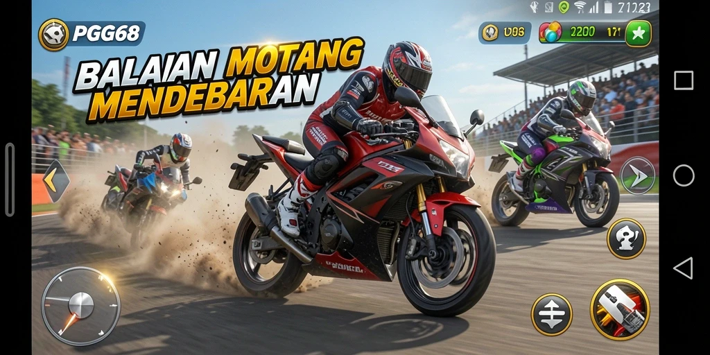Screenshot PGG68 menampilkan aksi balapan motor yang mendebarkan.