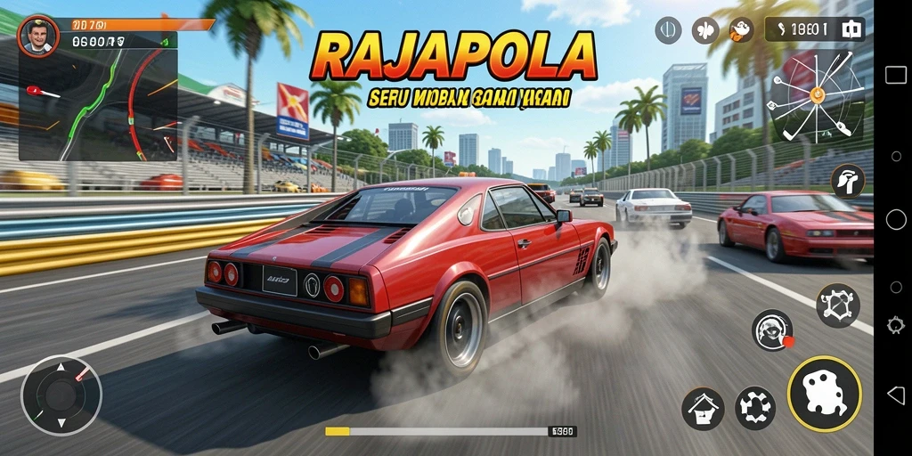 Screenshot utama RAJAPOLA menampilkan aksi balapan mobil yang cepat.