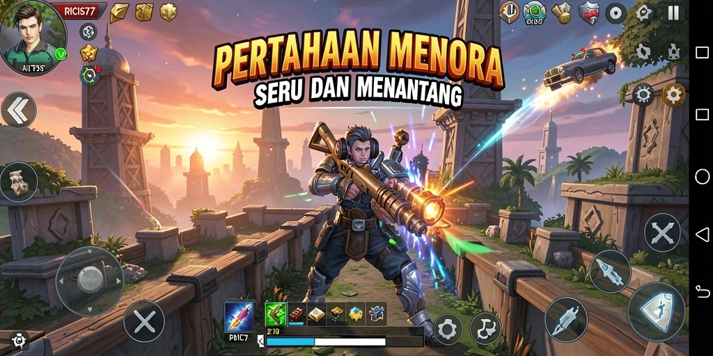 Tangkapan layar menunjukkan gameplay menara pertahanan yang intens dan seru.
