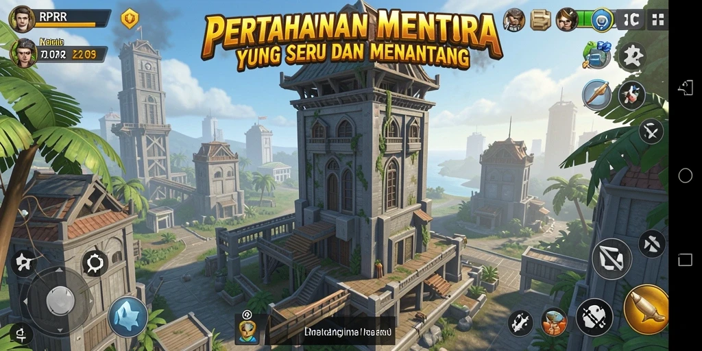 Tangkapan layar gameplay RPRR yang menunjukkan menara strategis dan musuh yang mendekat.
